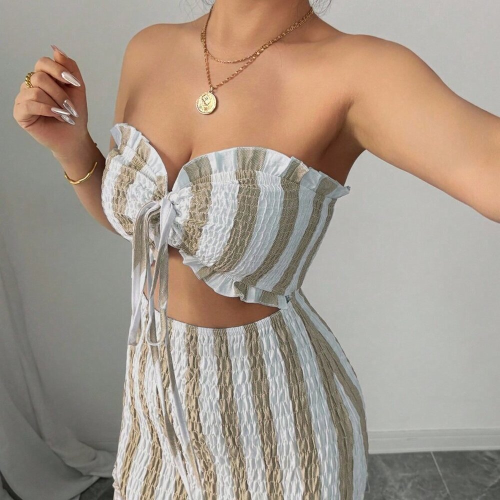 Khaki Boho Women's Striped Elegant Spaghetti Strap Dress - Picture 5 of 8